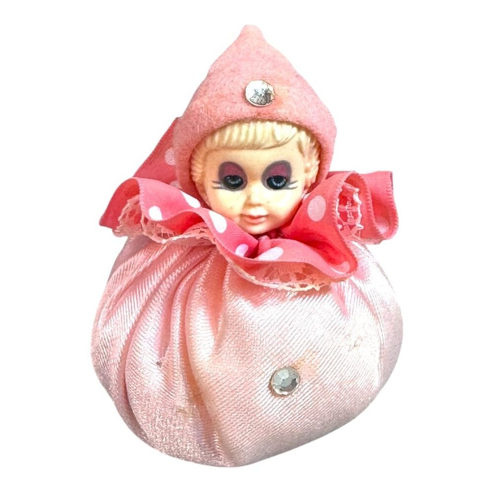 Vintage Mid-century 50s Rhinestone Doll Eyelashes Pin Cushion Doll Italy 4.75"
